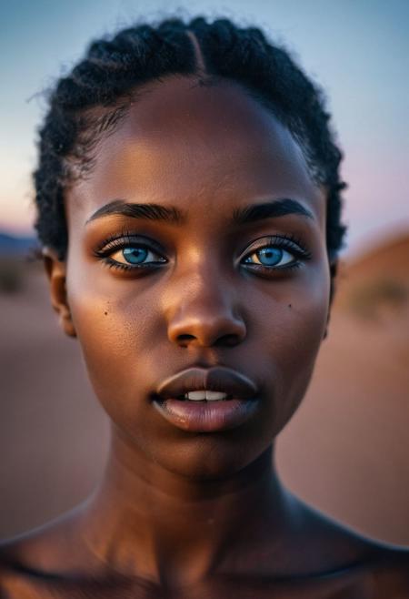 Intense film photograph taken in a pristine and surreal desert at night. Dark and lit in extreme contrast. Closeup of the bust of A stunningly beautiful young African woman staring into the distance. Deeply radiant blue eyes, wide nose, plush lips that appear soft and moist. Her delicate jawline, thin neck, collarbone, small perky upturned breasts with puffy erect nipples. Piercings in her nose,eyebrow,ears,lips. She looks achingly aroused, passionate and in love, desperate for her lover's touch and aroused to the edge of orgasm, lips parted, breathing hard.