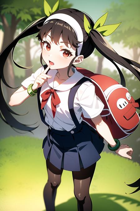 1girl, solo, female, (mayoi_hachikuji), twintails, (red_eyes), flat_chest
white_hairband, bracelet, (green), ribbon, school_uniform, standing, skirt, shirt, suspender_skirt, backpack, (randoseru)
hdri, 4k, masterpiece,
day, spring, trees, looking at viewer <lora:hachikuji-3epoch-v1:0.7>