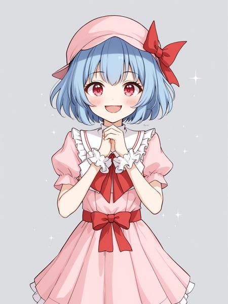 1girl, solo, remilia scarlet, mob cap, brooch, open mouth, blue hair, short sleeves, blush, hat, grey background, puffy sleeves, fang, smile, puffy short sleeves, wrist cuffs, short hair, red eyes, ribbon, simple background, sparkle, hat ribbon, pink headwear, red ribbon, wings, bat wings, hair between eyes, jewelry, :d, pink dress, bangs, cowboy shot, v-shaped eyebrows, dress, clenched hands, :3, hands up, red bow, looking at viewer, red sash, sash, standing