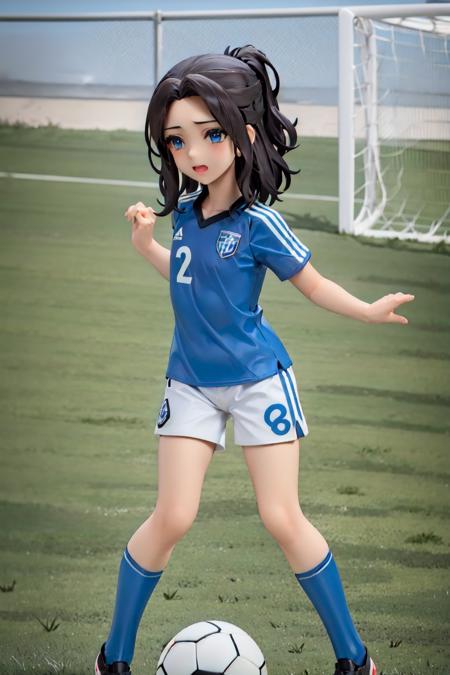 inoris, 1girl,AS-YoungestV2, solo, black hair, blue eyes, full body,playing soccer, soccer field,soccer uniform, grass,white t-shirt with a number, white shorts,medium hair,(soccer ball),ponytail, (best quality, masterpiece) ,  <lora:inoue_iris_v1:1>