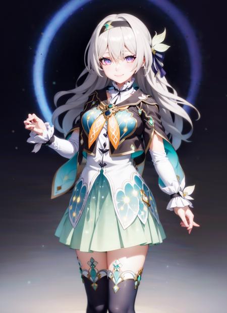 <lora:firefly:1> firefly \(honkai: star rail\), 1girl, solo, standing, dress, purple eyes, black hairband, white hair, long hair, dress, long sleeves, black capelet, black thighhighs, gradient legwear, blue skirt, puffy sleeves, closed mouth, light smile,