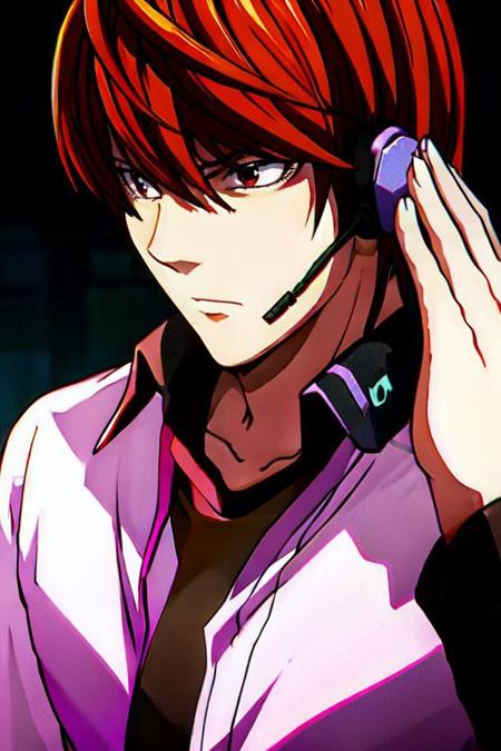 Yagami Light, medium-length brown hair with bangs, hazel eyes,  <lora:Light_30:0,6>,headphones, headphones, (embraces the demon:1.3)