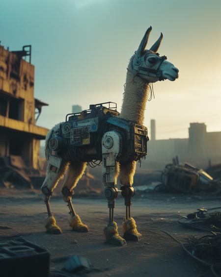 A cybernetic llama stands amidst ruins, with one side resembling a mechanical robot and the other side retaining its natural fur. The background is a desolate wasteland with crumbling buildings, rusted machinery, and a toxic yellow sky. Incorporate subtle details like glowing blue circuits, exposed wires, and worn leather straps to convey a sense of decay and technological overreach