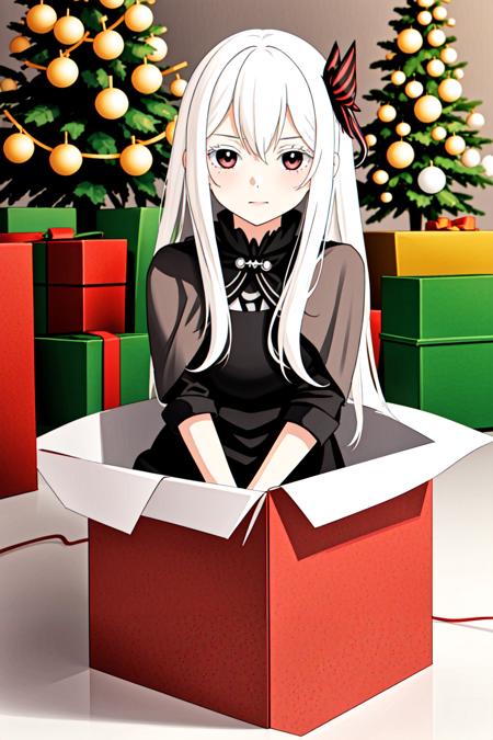 1girl in a box,   <lora:yomama_surprise_gift_v5-10:0.8>yomama_surprise_gift_v5 <lora:LCM_LoRA_Weights_SD15:1> indoor, Christmas decoration <lora:Anzhc Echidna:0.8> echidna