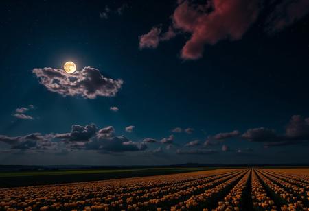 (((Black and gold tulips))), extremely detailed sky, from a high cliff, starry sky, dark night, moon on fire, fields of black and gold tulips, beautiful fields, very bright, vibrant clouds, red clouds, storm coming, 8k wallpaper, romantic, perfect quality, very detailed, beautiful