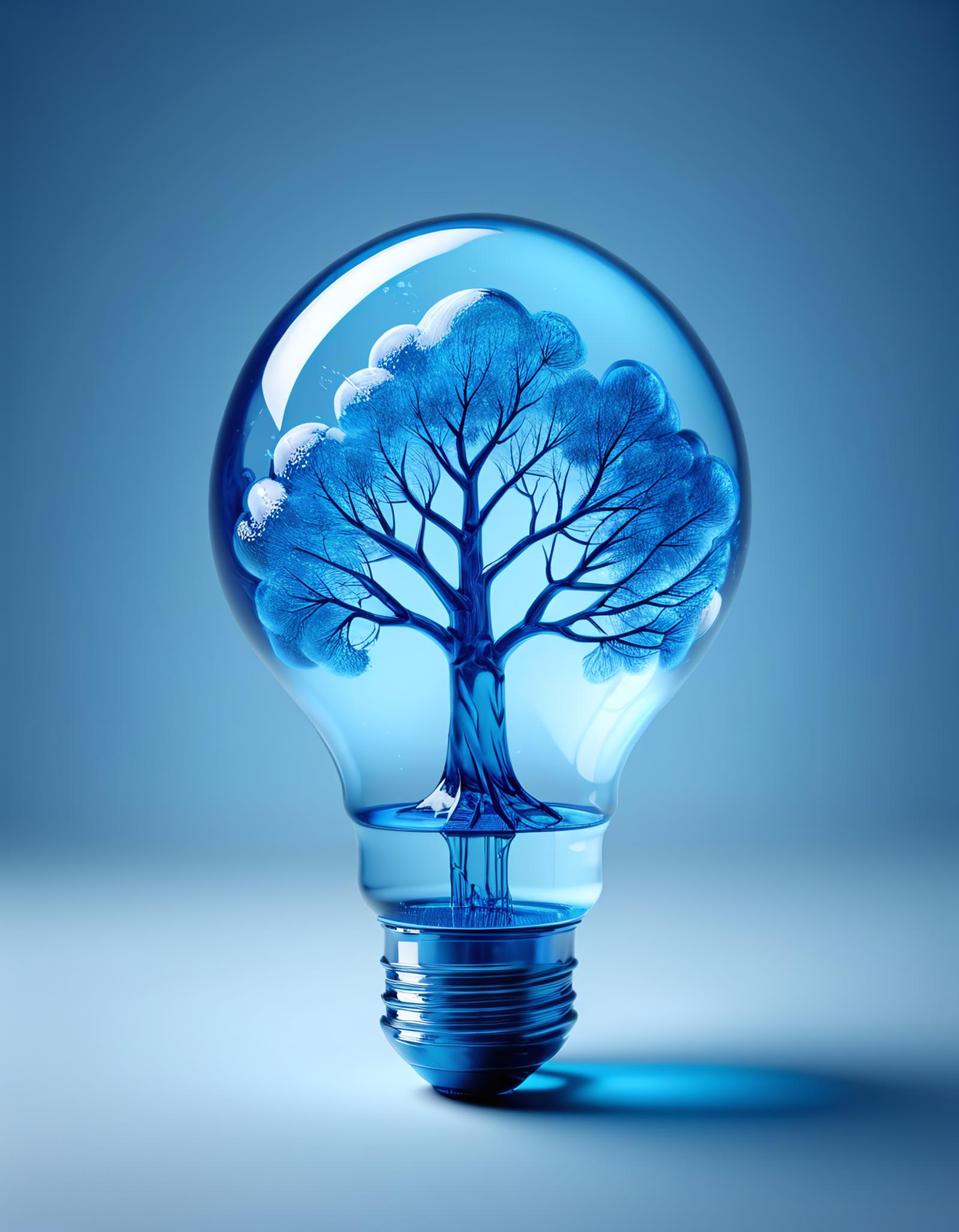 A blue light bulb with a tree inside it.