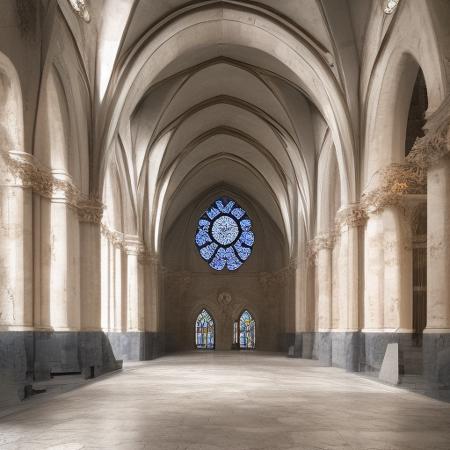 a large cathedral with a large stone floor and arches and windows in the ceiling and a clock on the wall