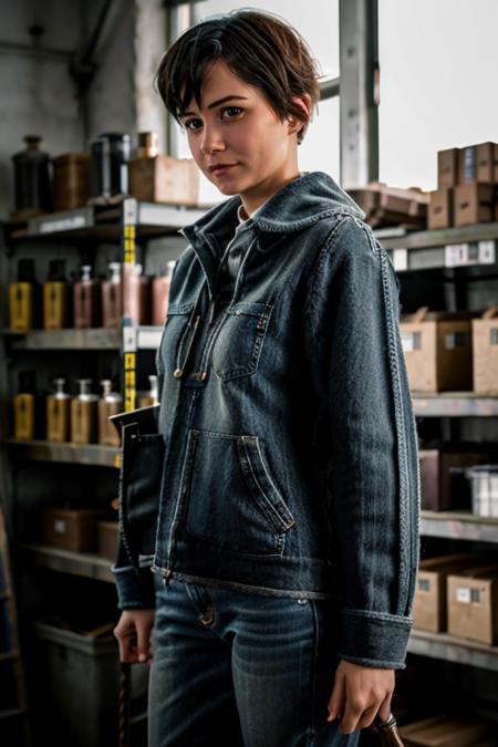 K1873W in a hardware shop, drills, mechanical, jumper, jeans <lora:KW3:1> masterpiece, best quality, detailed face , 1girl, realistic, solo,k1873w, short_hair, black_hair