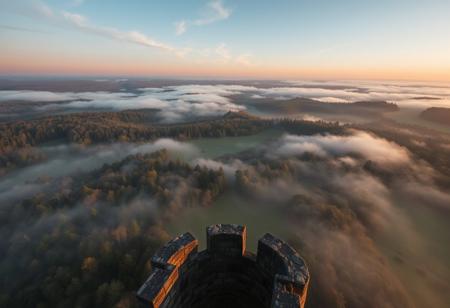 mist, a wide vista, forests and vast open grasslands, medieval, D&D, real photo, 4k, high contrast, vibrant colours, movie still, sunset, rich colours, view from the top of a stone watchtower looking out