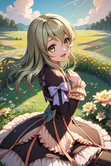 elize lutus, green hair, green eyes, long hair, dress, frills, ribbon, knee boots,   elize lutus, school uniform, white beret, twintails, light green hair, green eyes, pink bow, white blazer, pleated skirt, purple plaid skirt, white tights,  black shirt, long sleeves,