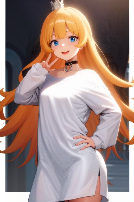 masterpiece, best quality, highres, 1girl mini crown, choker white shirt oversized shirt <lora:goumon_hime:1> hand on hip, smile