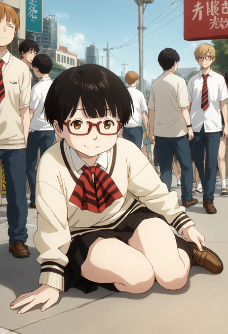 dededede-kadode, black hair, short hair, brown eyes, glasses, school uniform, ascot, yellow sweater, black skirt, black socks, brown shoes, 