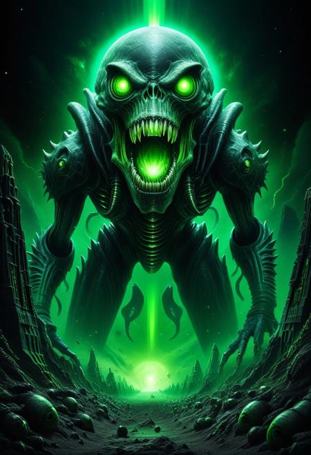 masterpiece,ultra-high resolution,incredible composition,extremely detailed, 
Necron monster with googly eyes, sharp teeth, rage extraterrestrial inside it, in space. made of beaten enchantment made of Mystic Lumina, green glow,