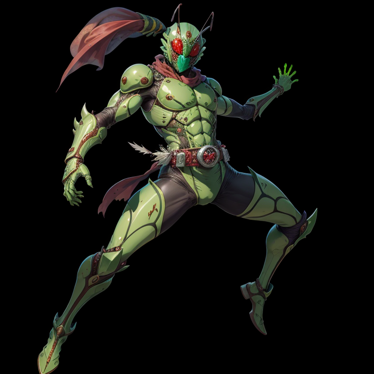 masterpiece, highest quality, illustration, <lora:ShowaRider:0.7>, beetle, green bodysuit, red scarf,  mask, helmet, tokus...