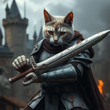 Ultra realistic. white grey brown cat with a damaged knight shite armor holding a long sword, tired, bruises, dusty, mud, shining eyes, protecting a town, background castle, full body view, some fire behind, agressive pose