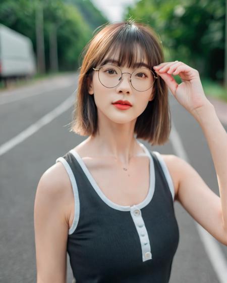 (best quality:1.4), (ultra highres:1.2), (photorealistic:1.4), (8k, RAW photo:1.2),(portrait shot:1.3), pinomyim, 1girl, solo, looking at viewer, bangs, brown hair, upper body, outdoors, blurry background, realistic, glasses, round eyewear, road, sleeveless, realistic, Perfect Hands, <lora:neg4all_bdsqlsz_xl_V7:0.8>, <lora:Perfect Hands v2:0.8>, <lora:pinomyim-000050:0.5>