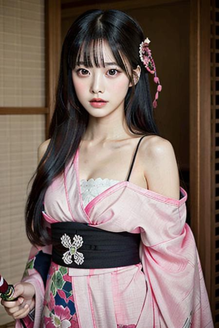 kasumi pink kimono long hair black hair blunt bangs hair ornament bare shoulders