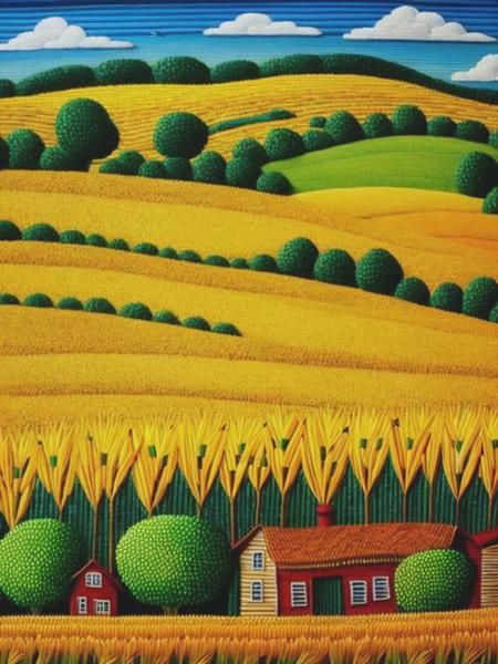 <lyco:FolkArt:1.0> beautiful country scene with rolling hills and rows of corn, sunflowers and wheat please done in folk art style