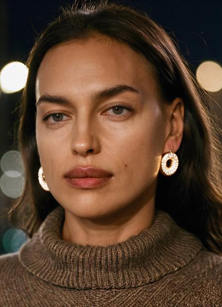 ir1na woman,round earrings,close-up,long hair pulled back,front view,F/1.8,volumetric lighting,wearing sweater,highly detailed skin,pores,night,city street
