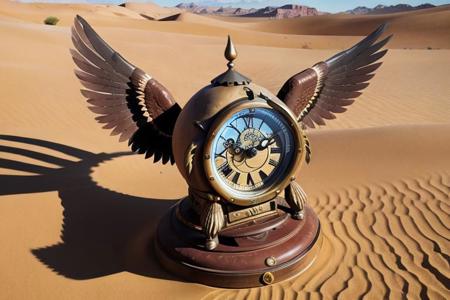 Clock with wings and talons in desert