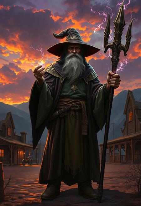 An old wizard standing before a Western frontier town at dusk, the sky painted in fiery oranges and deep purples, his staff crackling with ancient energy
dark fantasy realism meets dynamic digital illustration, rich atmospheric lighting, intricate and highly detailed compositions, dramatic chiaroscuro, strong contrasts with ethereal glow, textured painterly surfaces combined with crisp digital refinement, expressive and heroic character design, mystical and gothic undertones, rich earthy and moody color palettes, fluid yet structured compositions, fusion of classical artistry with modern fantasy aesthetics, immersive storytelling with a cinematic feel