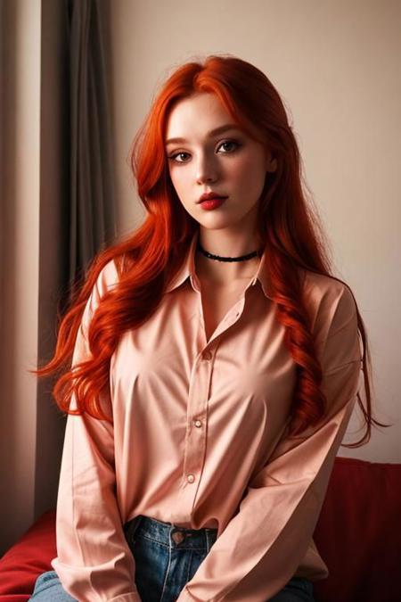 raw photo,  (25yo redhead girl:1.2), makeup, graphic eyeliner, rouge, (choker:0.9), realistic skin texture, oversize shirt, (red:0.8), softcore, warm lighting, cosy atmosphere, instagram style