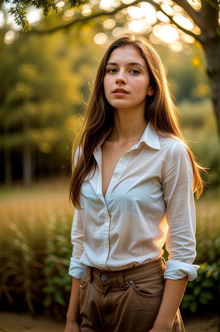 young pretty woman, long hair, looking at viewer, brown hair, shirt, brown eyes, white shirt, outdoors, parted lips, collared shirt, pants, blurry, tree, lips, freckles, realistic, unbuttoned, brown pants, partially unbuttoned, photorealistic, hyperrealistic art, extremely high-resolution details, photographic, realism pushed to extreme, fine texture, incredibly lifelike, absurdres, masterpiece, 8k, high detail, intricate, best quality
