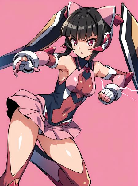 shirabesympho  black hair, gloves, skirt, pink eyes, bangs, elbow gloves, blunt bangs, thighhighs, twintails, leotard, long hair, bare shoulders, pink thighhighs, pleated skirt, detached sleeves, pink skirt,,