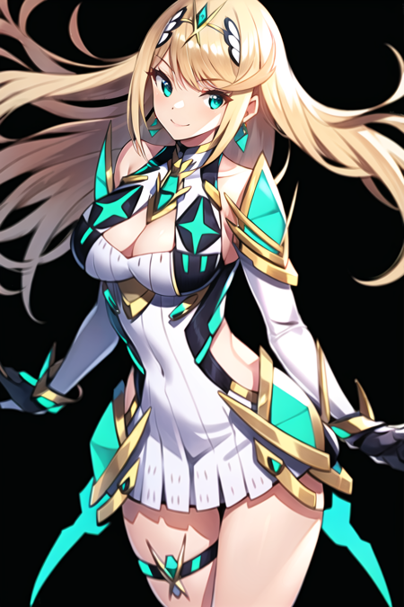 saitou masatsugu, mythra \(xenoblade\), 1girl, armor, bare shoulders, blonde hair, breasts, cleavage, closed mouth, dress, earrings, elbow gloves, eyelashes, floating hair, gem, gloves, hair ornament, hairband, headpiece, jewelry, large breasts, leaning back, long hair, neon trim, pose, sidelocks, skin tight, smile, solo, standing, swept bangs, tiara, black background, very long hair, white dress, ((masterpiece))  <lora:saitou_masatsugu_offset:1>  <lora:mythra_pyra_pneuma:0.3>