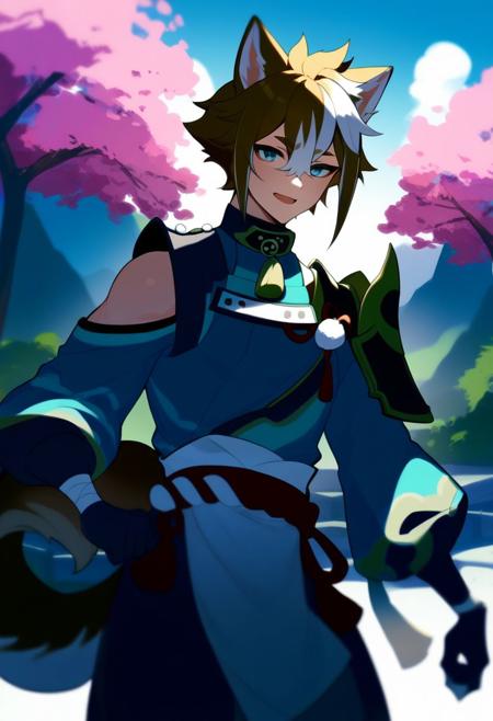 score_9, score_8_up, score_8, anime style, score_9, score_8_up, score_8, anime style, source_anime,
1 boy, otoko no ko, trap, androgynous, gorou_\(genshin_impact\), male_focus, 1boy, white_hair, dog_ears, brown_hair, highres, dog_boy, hair_between_eyes, streaked_hair, dog_tail, black_gloves, japanese_clothes, cherry blossom, cliff, island, standing, sandles,