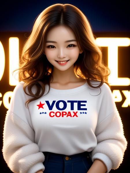 Best quality, high detail, ultra high resolution, true skin texture, original photo, highly realistic, night, dark shadow, low profile, cold light, an oriental girl, with a sign that says (vote copax:1.9), exquisite facial features, smile, white teeth, thin chain decoration, light color sweater, bust, breast beauty, hot figure, long and long hair, fluffy big wavy hairstyle, a lot of hair covering the chest, long legs, side, look at the camera. Full-body lens, depth of field, panoramic view.