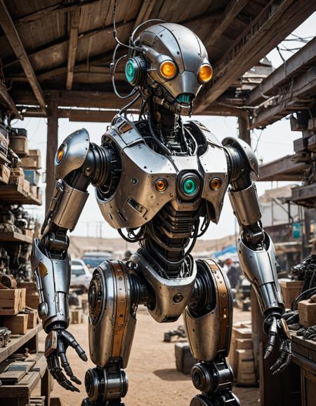 nomad trading post, traveling merchants, bartering, diverse goods (combustion, worm's eye view:1.2), Cybernetic robot , android, AI, machine, metal, wires, tech, futuristic, highly detailed, (masterpiece, intricate details:1.2)