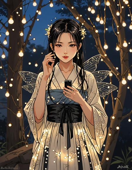 fairy lights, sigma look in the style of shin hanga, by artist Kim Deuk-sin