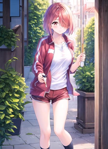 masterpiece, best quality, high quality, 1girl, solo,  <lora:hoshino_miyako:1>, hoshino_miyako, red hair, red eyes, hair over one eye, short hair, indoors, shorts, black shirt, large breasts, t-shirt, open jacket, track jacket, socks, no shoes, full body, standing, outdoors,