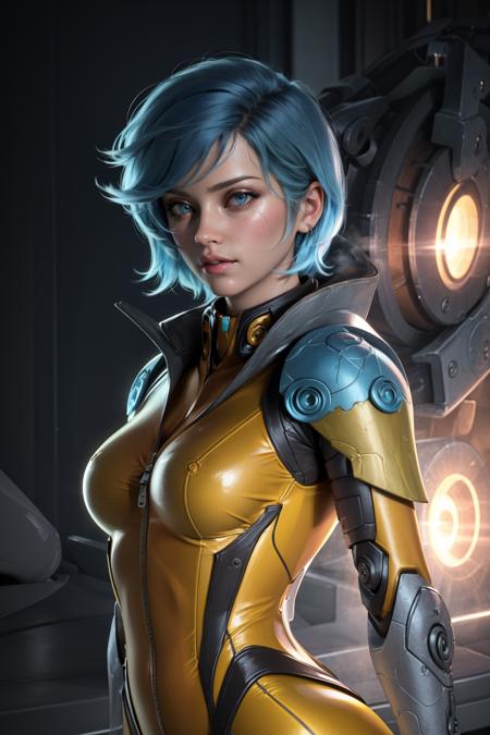 (masterpiece, best quality:1.2), intricate details, <lora:A3D_Beta:1>, <lora:Neon_Strike_VI:1>, 1girl, blue hair, bodysuit, shoulder armor, zipper, potrait, short hair, mechanical arms, upper body, realistic, detailed background, cyberpunk