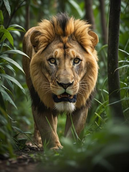 a lion stalks the jungle, award winning photo, macro