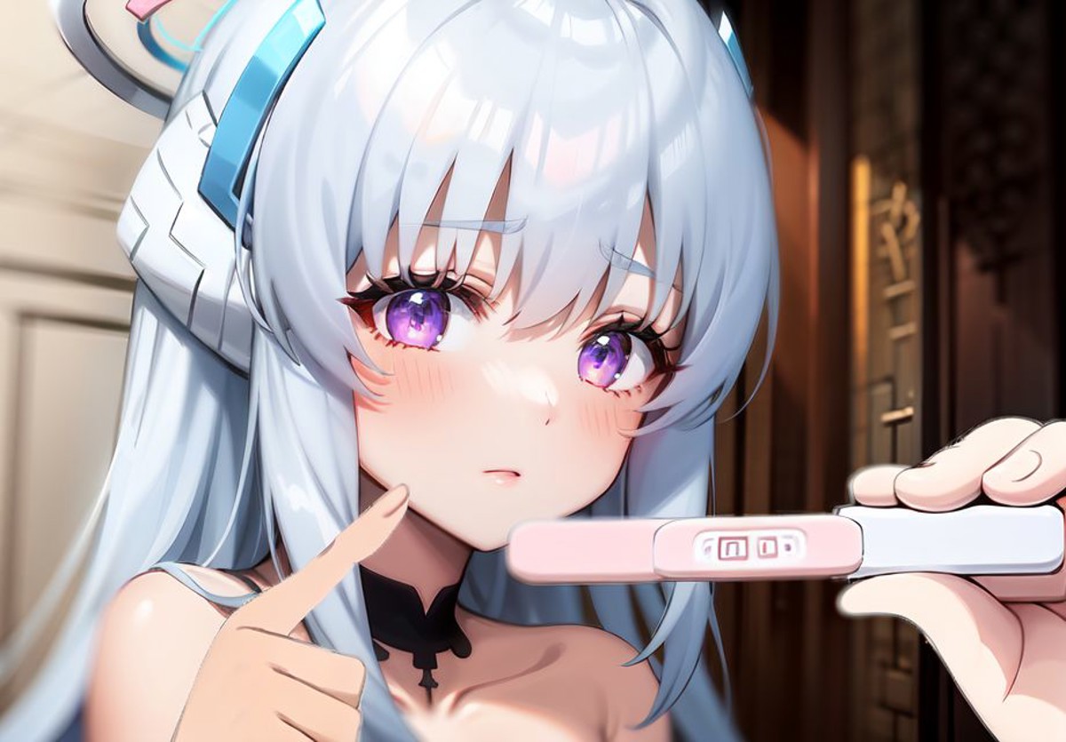 ((pregnancy test)), 1girl, solo, white hair, purple eyes, upper body halo, long hair, looking at viewer, pov, portrait,