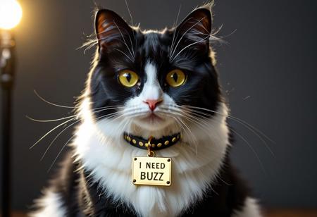 masterpiece, ultra-detailed, hyper-realistic, cinematic lighting, black white Angora cat, short shiny  fur, striking yellow eyes, sitting directly facing the viewer, calm and elegant posture, wearing a small collar tag or ID plate that clearly reads "I need Buzz", fur texture highly detailed, soft lighting, shallow depth of field, realistic whiskers and fur strands, subtle warm backlight, photo-realism, animal portrait perfection, using Buzz Generator LoRA:<lora:BuzzGenerator:1.0>