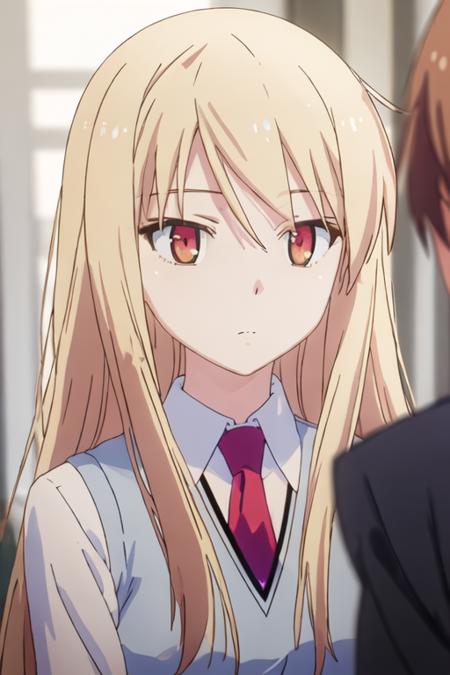 best quality, masterpiece, highres, solo, {shiina_mashiro_sakurasounopetnakanojo:1.15}, blonde_hair, long_hair, red_eyes, brown_eyes, 1girl, anime_coloring, blurry, blurry_background, bangs, closed_mouth, looking_at_viewer, close-up, hair_between_eyes, portrait