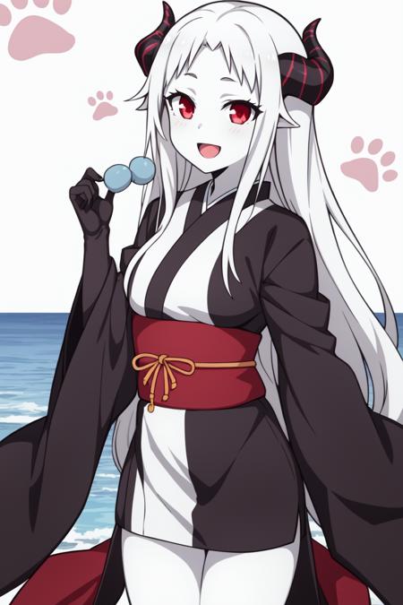 1girl, :d, abyssal_ship, colored_skin, dango, floral_background, flower, food, horns, japanese_clothes, long_hair, monochrome, northern_ocean_princess, open_mouth, paw_print, solo, white_skin, red eyes,