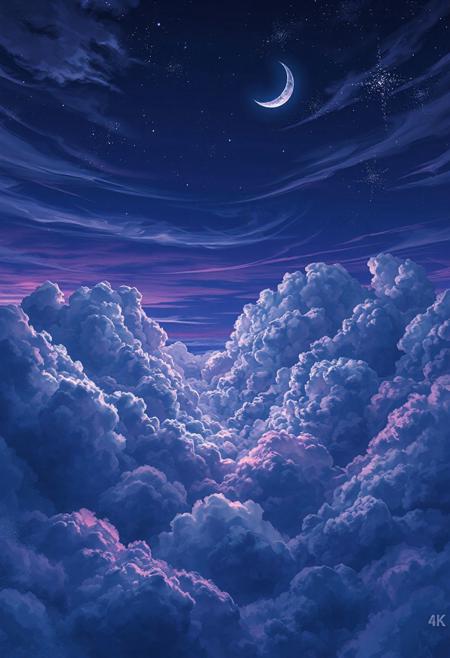 "Vertical 9:16 anime-style night sky scene in ultra-detailed 4K resolution. Towering layers of sharp, high-definition cumulonimbus and cirrus clouds painted in deep violet, sapphire blue, and inky midnight hues. The clouds have complex structures: jagged edges, high contrast shading, volumetric depth, and internal turbulence. Fine-tuned cel shading with rich watercolored gradients and hyper-realistic edge lighting.
Pockets of silver moonlight illuminate the highest cloud peaks, casting soft glows and sharp shadows onto lower cloudbanks. Misty atmospheric layers weave between cloud strata, adding haze, transparency, and volumetric depth. Subtle twinkling stars peek through upper gaps. A crescent moon partially hidden behind layered clouds adds mystique and contrast.