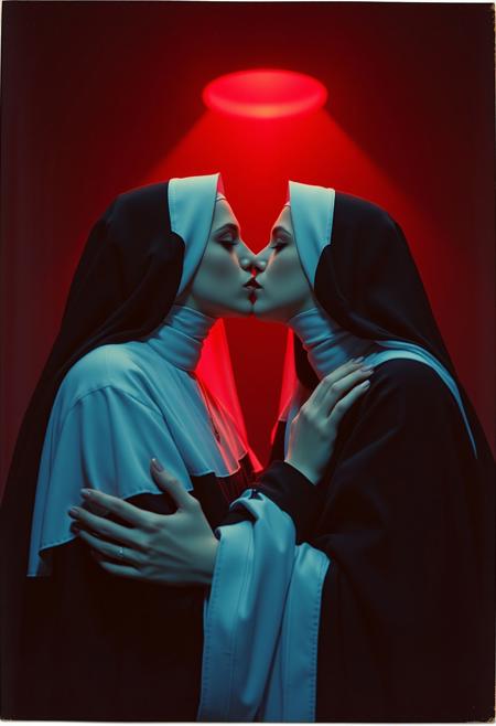 Two catholic novice nuns in the dark embrace each other kissing in an erotic gothic style, halo light shines down from above creating a hyperpunk scene with desaturated dark red and blue details, colorful polaroid with vibrant colors, (vacations, high resolution:1.4), (small, selective focus, european film:1.4), closed eyes
