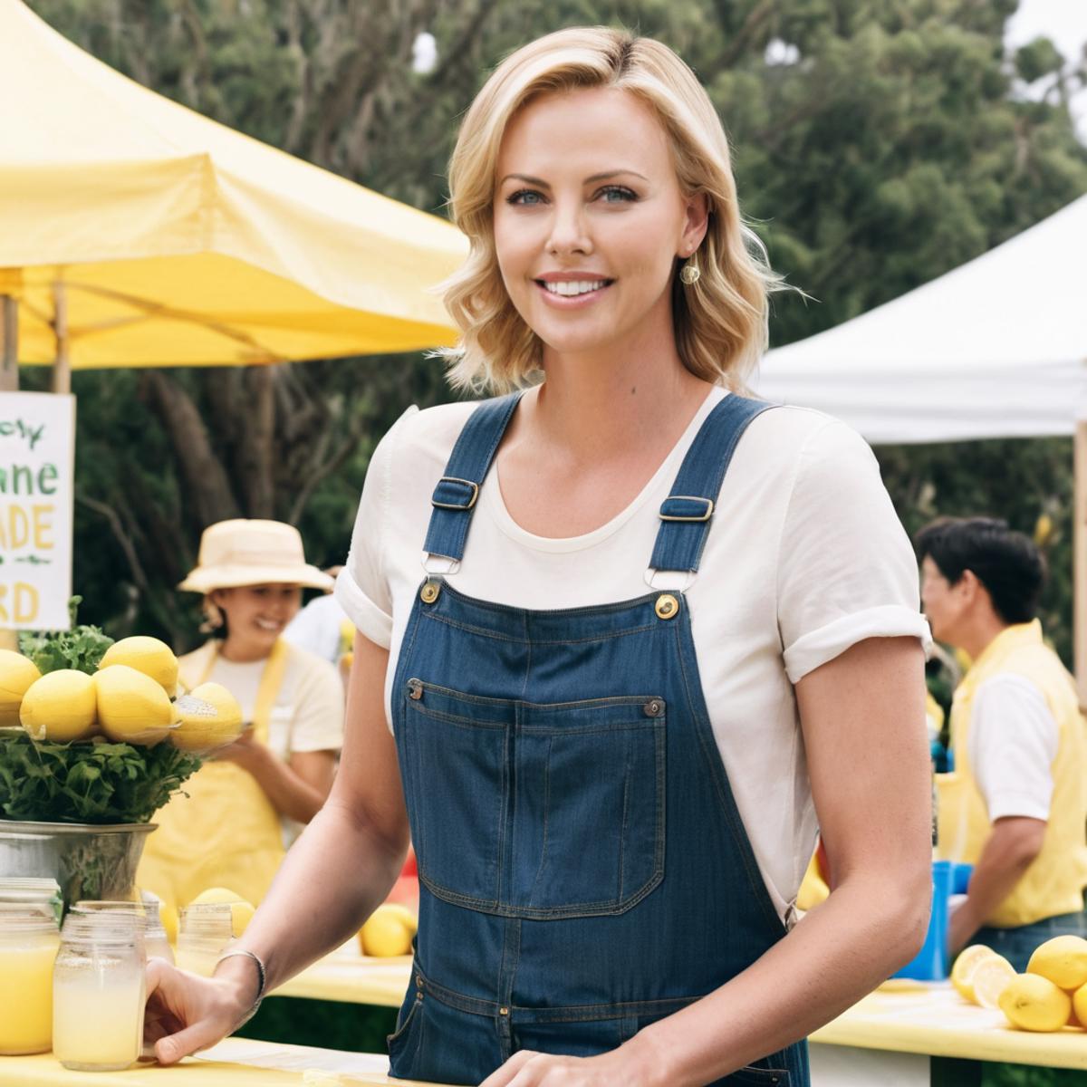 A woman standing in a lemon orchard wearing a blue overalls and a white shirt.