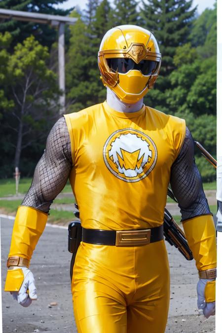 nsyellow, helmet, fishnets, belt, 1boy, male focus, ninja, yellow bodysuit, yellow pants