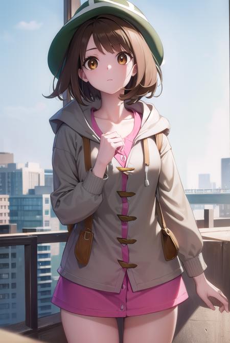 pokemongloria, <lora:pokemongloria-lora-nochekaiser:1>,
pokemongloria, (brown eyes:1.5), brown hair, medium hair, (small breasts:1.2),
BREAK cardigan, dress, green headwear, grey cardigan, hood, hood down, hooded cardigan, long sleeves, pink dress, short dress,
BREAK looking at viewer, full body, upper body,
BREAK outdoors, city, sky,
BREAK <lyco:GoodHands-beta2:1>, (masterpiece:1.2), best quality, high resolution, unity 8k wallpaper, (illustration:0.8), (beautiful detailed eyes:1.6), extremely detailed face, perfect lighting, extremely detailed CG, (perfect hands, perfect anatomy),