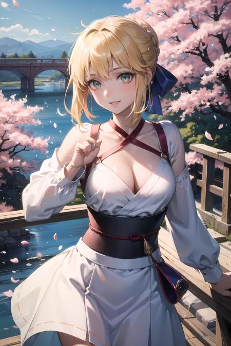 (masterpiece, best quality, glowing light, glistening, shiny skin, ultra detailed, detailed background, complex background),(perfect face, detailed face, detailed eyes,perfect hands,perfect fingers), (medium boobs:1.2,smile),(mature female:1.4),cowboy shot,thicc,
 saber,((gradient hair)),  gradient eyes, (glowing eyes:1.3), mascara, (fashion make up), parted lips, braid, hair ribbon, dress, blue ribbon, short hair, long sleeves, shirt, hair bun, armor,chest armor,
((middle of japanese countryside,japanese bridge,over the bridge,river,cherry trees,cherry petals,dark blue sky)),((super detailed background)), dynamic poses, ((8k wallpaper)) , <lora:saber-08:1>