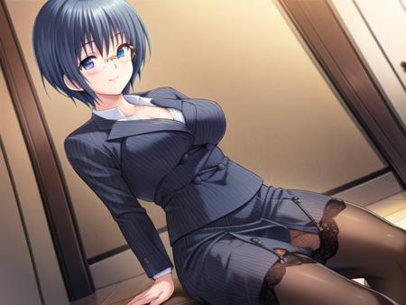 (hyper extreme detailed),(masterpeace),(hyper extreme),(photorealistic),CG,(colour:1.2), beautiful lighting,light from the front, solo, smile, <lora:Izawa_Ritsuko:0.8>,Izawa_Ritsuko,short hair,blue hair,blue_eyes,suit,pencil_skirt,pantyhose,