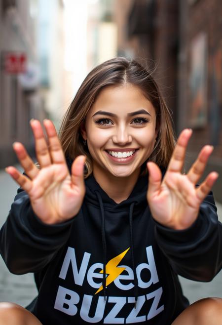Young Woman smiling with spread hands towards viewer palms up as if to recieve something on hand, sitting in the alley, wearing black hoodie with text "Need BUZZ" and yellow lightning bolt logo, blurry city background, makeup, mascara, eyeliner
