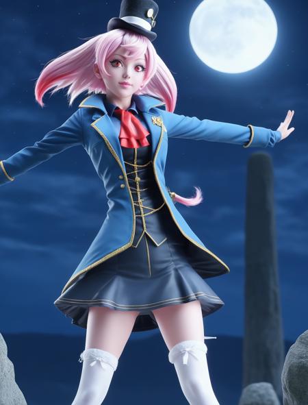 masterpiece, best quality, ultra-detailed, wide angle, wide shot, full body, stonehenge, night, full moon, a secret society of time travelers, emullh, 1girl, pink hair, short hair, blue jacket, top hat, long sleeves, white thighhighs, red eyes, looking at viewer, (8k, masterpiece, best quality, ultra-detailed), cinematic lighting, Intricate, High Detail, Sharp focus, dramatic <lora:emullh_xl_01:1>