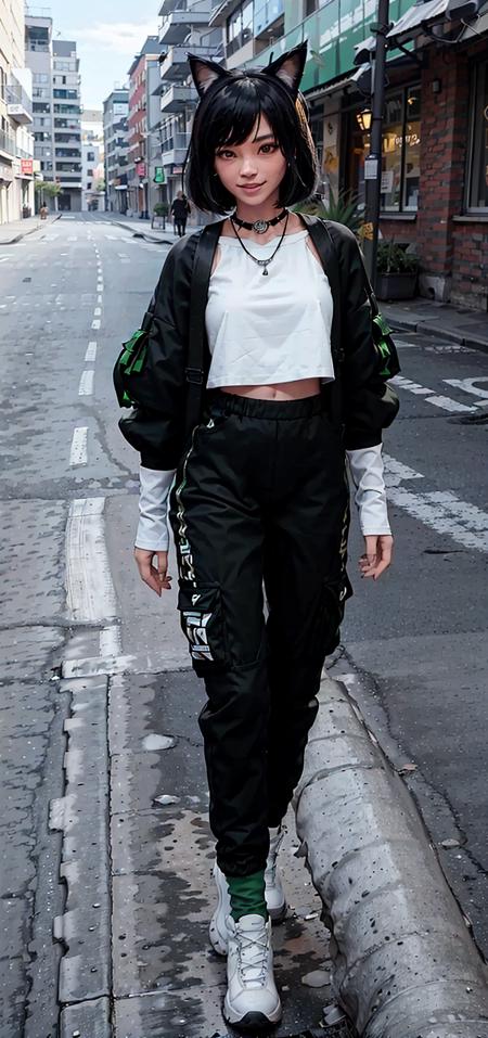 urbansamurai, far shot, best quality, fullbody, a woman with fur cat - ears, wearing a green techwear jacket and orange cut top and black pants, a crystal necklace, big warm grin, bob cut, long legs, on the street, sunny <lora:urbansamuraiv0.14-000002:0.72>